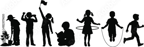 Set of black silhouettes of children playing, planting trees, reading books, and doing sports, vector illustration isolated on white background for lifestyle design