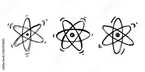 Set of hand drawn atom sign Molecule clipart in doodle style Symbol of science, education, nuclear energy, scientific research, molecular chemistry Single element for print, web, design