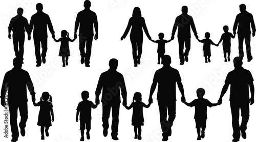 Set of black silhouettes of fathers walking with children holding hands, happy family vector illustration collection isolated on white background for Father's Day