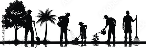 Set of black silhouettes of people gardening, planting trees, and watering plants, vector illustration with water reflection isolated on white background for nature design