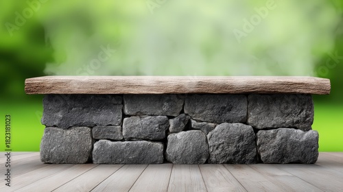 Fototapeta Naklejka Na Ścianę i Meble -  A 3D render of a rustic product display featuring a rough wooden plank set atop a natural stone wall, positioned on a light wooden floor, against a blurred, vibrant green nature ba
