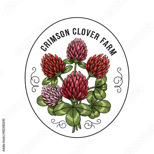 Crimson Clover Farm Logo Featuring Detailed Floral Arrangement and Design.