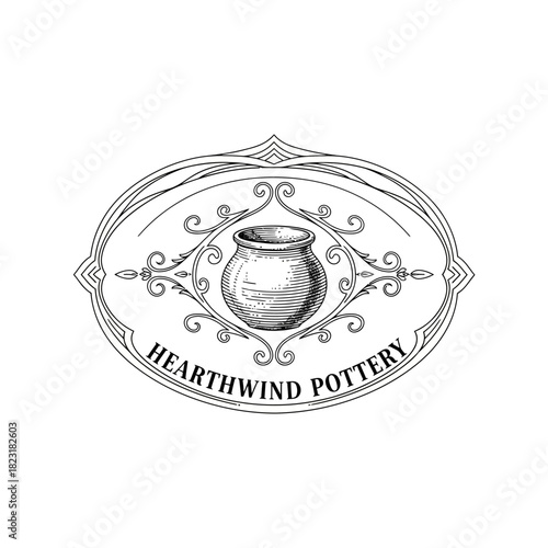 Elegant Pottery Logo with Handcrafted Urn and Ornate Frame.