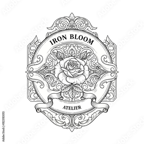 Iron Bloom Atelier - Ornate Rose Emblem with Banner and Decorative Frame.