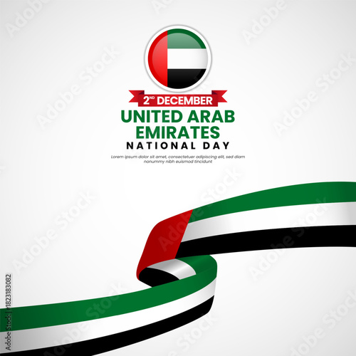 Uni arab emirates national day greeting card, square banner background with warving ribbon flag