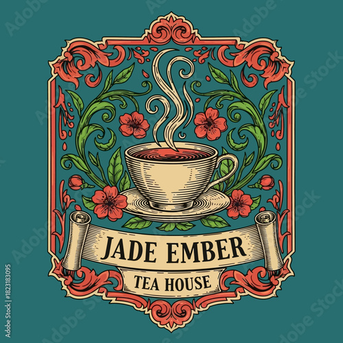 Jade Ember Tea House logo featuring a steaming cup of tea and floral design.