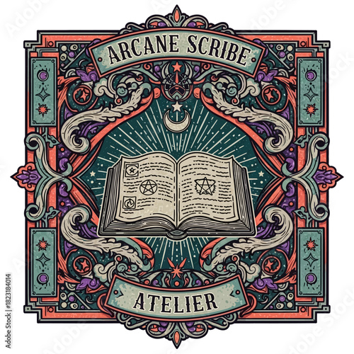 Open Spellbook with Mystical Symbols and Ornate Frame.