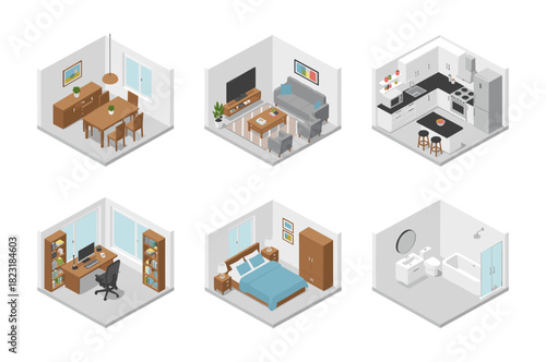 Isometric apartment rooms set interior design concept