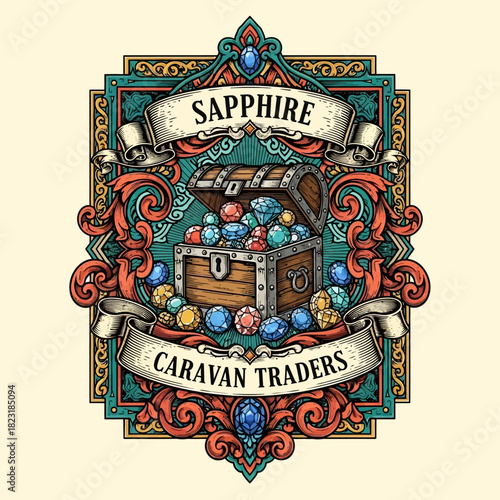 Sapphire Caravan Traders treasure chest illustration with gems and jewels.