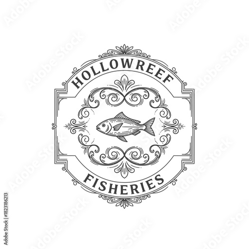 Vintage Hollowreef Fisheries Logo with Detailed Fish Illustration.