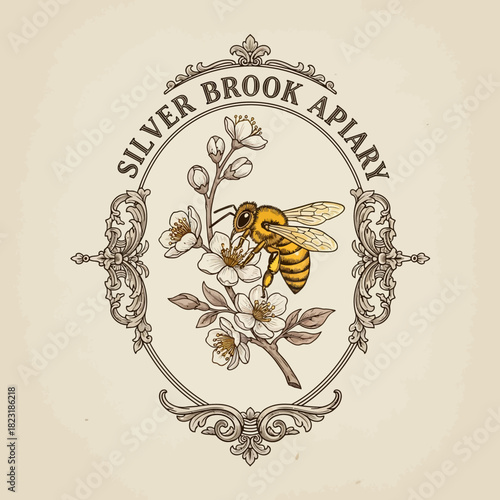 Vintage honeybee logo illustration for an apiary business.