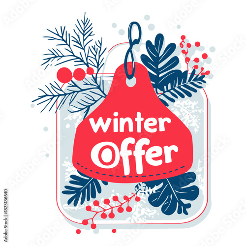 Festive winter offer or sale tag graphic featuring a red bell-shaped label with "winter Offer" text, surrounded by dark blue pine needles, red berries, and snow elements. Use for holiday sales, season