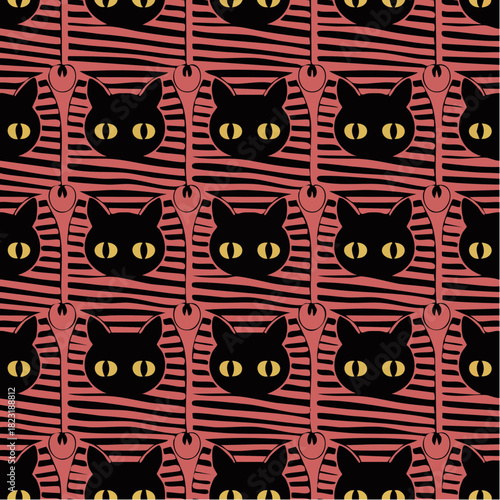 hypnotic midnight cat mosaic with striped pink curtains and golden stare repeat pattern