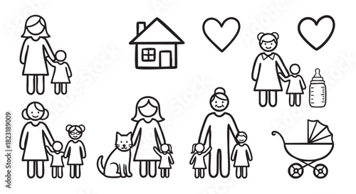 Pictogram family set with house and cat representing home and happiness