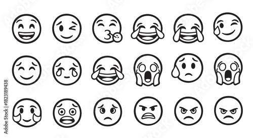 Various expressions represented by black and white round emoji faces