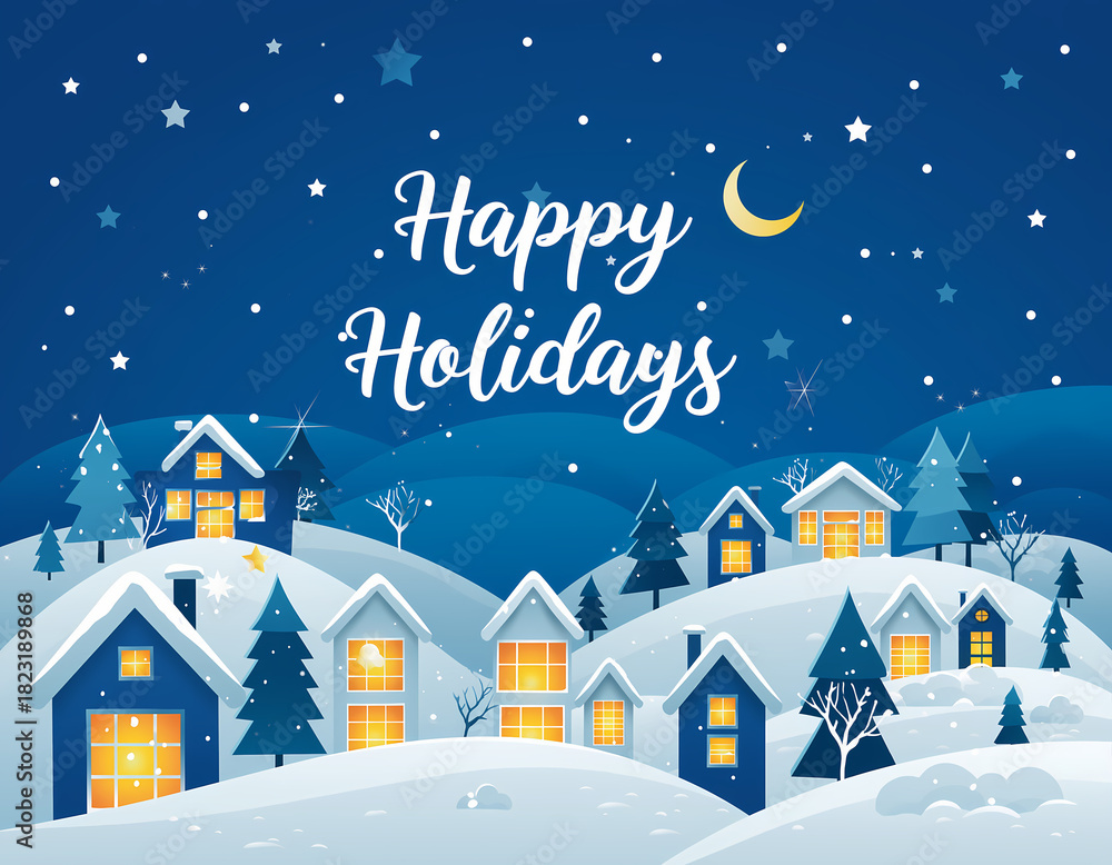 Fototapeta premium Cozy flat vector illustration of a snowy winter night village. Small, stylized houses with glowing yellow windows are nestled in the hills, under a dark blue sky with a crescent moon and stars, featur