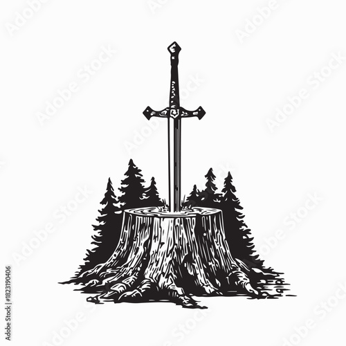 Legendary Sword Pierced into Tree Stump Vector Image on white background