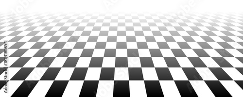 Fading checkerboard floor in perspective. Black and white vanishing checkered tile pattern background. Retro horizontal chess board grid plane surface. Vector vintage empty room stage checker floor