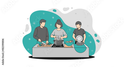A family cooks a meal together in the kitchen, preparing food and washing dishes, promoting togetherness and culinary activities.