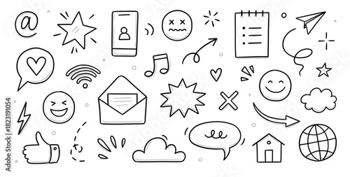 Emoji media hand drawn doodle icon set. Internet conversation, media outline tech emoji, star, arrow shape. Hand drawn sketch chat emoticon, digital cloud, smile face elements. Vector illustration