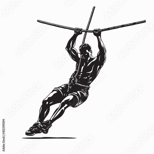 Strong Muscular Man Climbing Rope Vector Illustration on white background