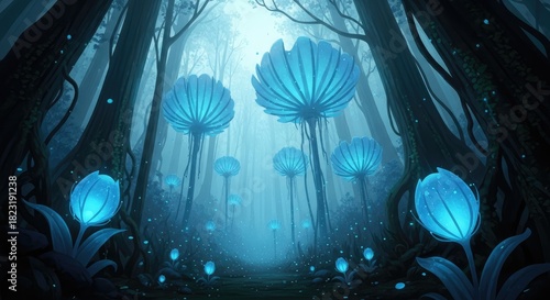Illustration of a mystical forest with glowing blue plants and trees