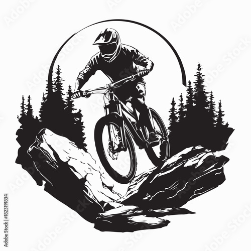 Outdoor Adventure Mountain Biker Riding Over Rocks Vector image on white background