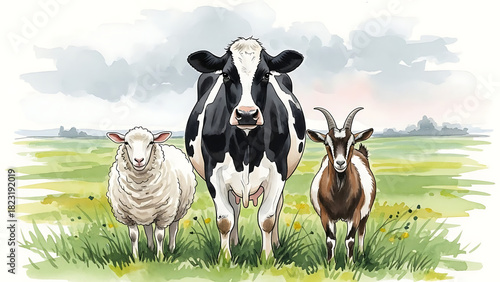 Watercolor illustration of a cow, a sheep, and a goat standing together in a green pasture.