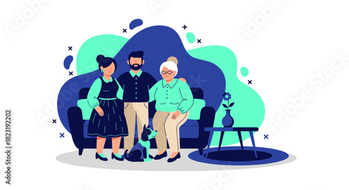 An illustration depicts a family of three generations, embracing on a couch with a pet dog, conveying themes of love and togetherness.