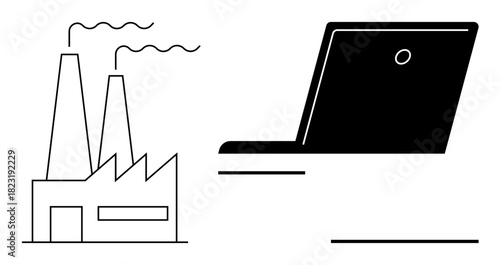 Factory with chimneys emitting smoke placed beside a laptop, combining industry and technology. Ideal for innovation, connectivity, automation, digitalization, industry 4.0, manufacturing