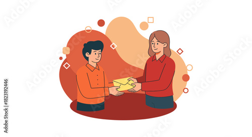 An illustration depicts a person handing an envelope to another, symbolizing communication and the exchange of information in a simple, modern design.