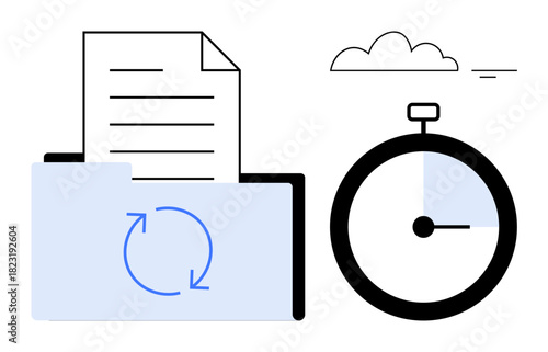 File synchronization. A folder with sync icon, document, stopwatch, and cloud elements file synchronization. File synchronization enhances cloud storage and time management. Ideal for productivity