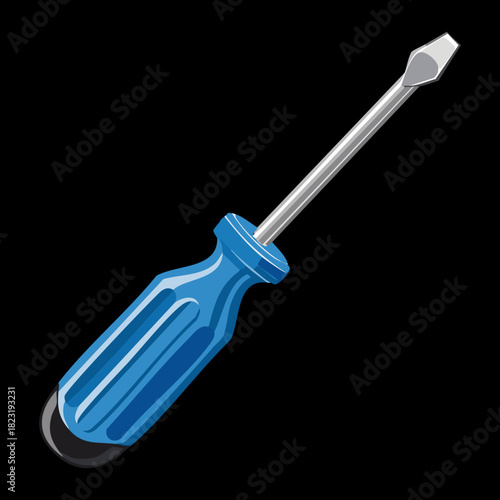 Industrial blue handle flat screwdriver illustration for mechanics and household fixing tasks on professional work environment