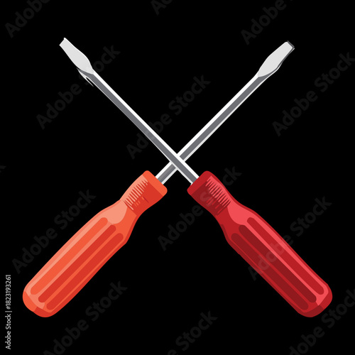 Crossed red handle screwdrivers for professional repair service emblem and industrial hardware shop promotional graphic design