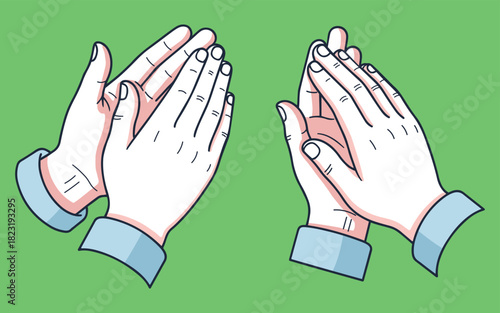 Two sets of hands clapping in a rhythmic motion, depicted in a cartoonish style against a plain green background.