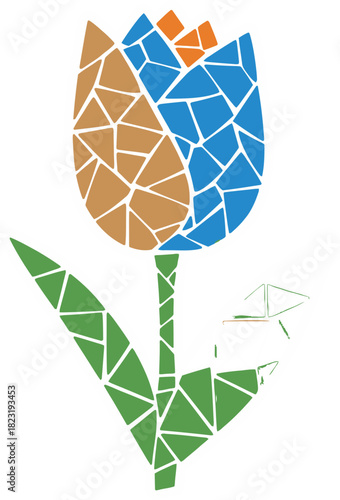 Mosaic Tulip Illustration with Colorful Geometric Petals on Transparent Background
