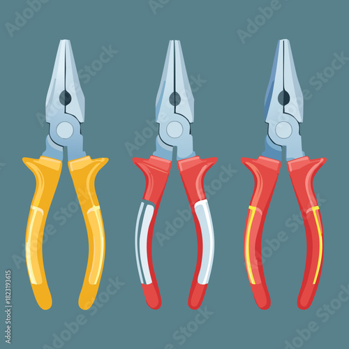 Set Of Three Professional Pliers Hand Tools With Colorful Handles For Industrial Construction And Mechanical Repair Projects