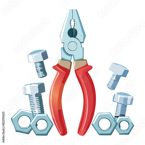 Professional pliers tool with red handle and various metal bolts and nuts for mechanical engineering and workshop repairs