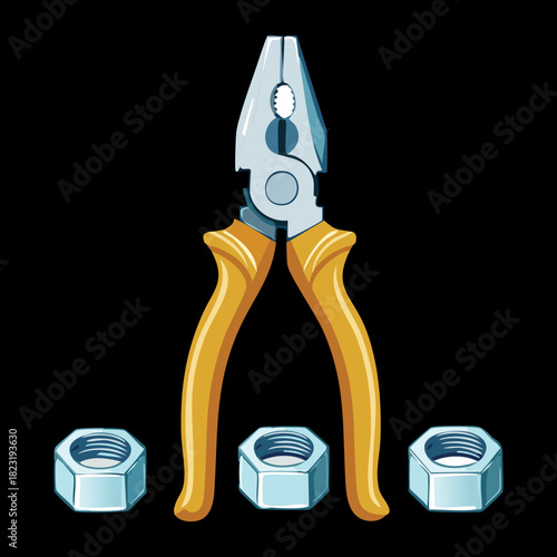 Heavy duty combination pliers with yellow handle and metal nuts for professional construction and industrial hardware repair services