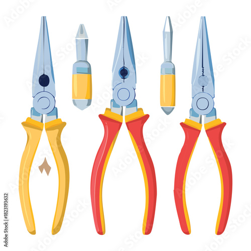 Set of professional pliers and screwdrivers with colorful handles for comprehensive home repair and industrial workshop tool kit