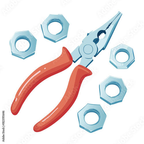 Professional long nose pliers tool with red ergonomic handle surrounded by metal hexagonal nuts for industrial repair work