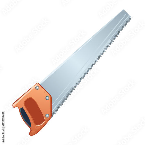 Classic woodworking hand saw tool with orange handle for carpentry education and hardware equipment shop promotional material design