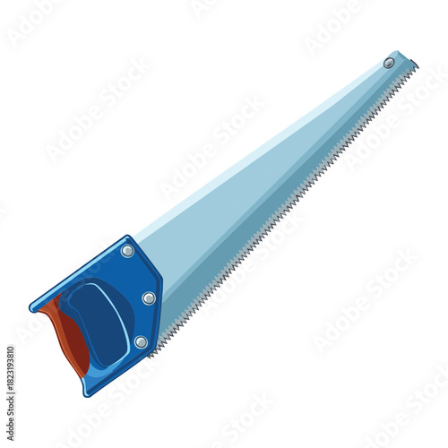 Professional hand saw tool with blue ergonomic handle and sharp steel blade for woodworking and carpentry construction projects