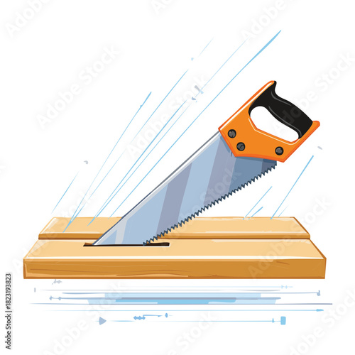 Manual saw cutting through a wood plank with flying particles in a dynamic woodworking and carpentry scene