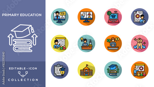 Primary Education Lineal Color Icon Collection. Online Learning, Virtual Classroom, Distance Education, School Management, Teacher Resources, STEM Education, Language Learning