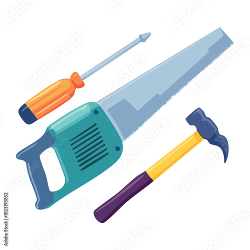 Set of essential hand tools featuring saw screwdriver and hammer for professional carpentry and home building work