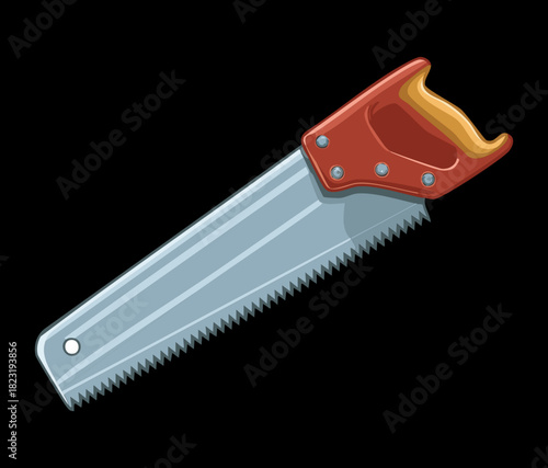 Sharp steel hand saw with ergonomic brown handle for cutting lumber and timber in a construction site