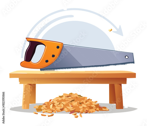 Woodworking hand saw tool on a wooden table with wood shavings from a carpenter workshop diy project