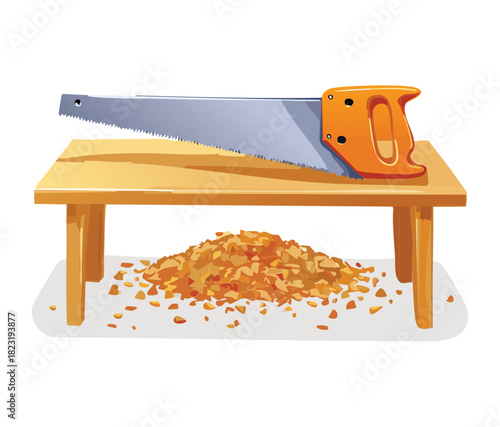 Hand saw resting on a wooden workbench with sawdust piles after professional carpentry and timber cutting work
