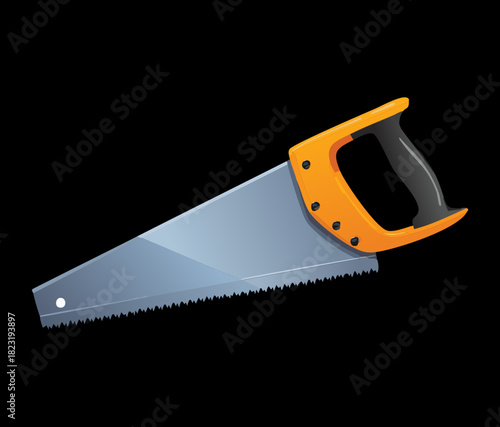 Traditional manual hand saw with wooden handle for woodworker and carpenter tasks in a dark workshop setting
